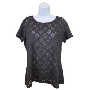 Covington Black Floral Lace Short Sleeve Blouse Large Elegant Goth Romantic